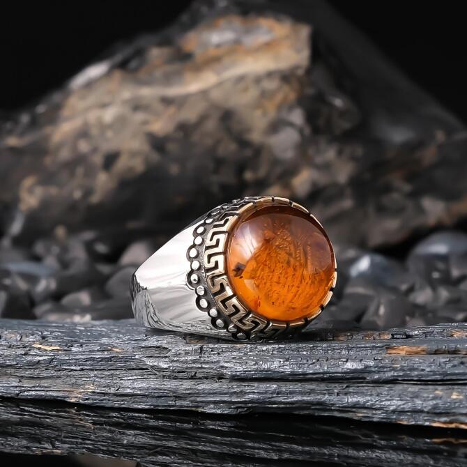 Bürokrat Natural Fossil Bal Drop Amber 925 K Silver Ring