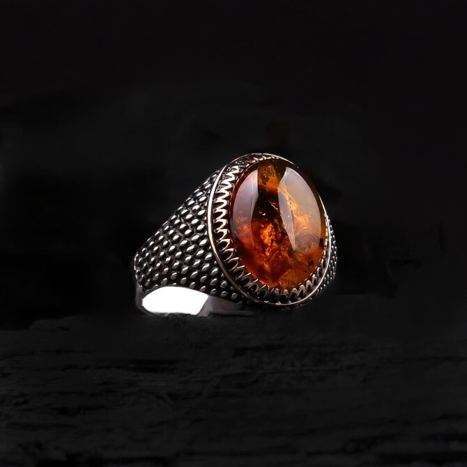 Bürokrat Fossil Amber Silver Ring