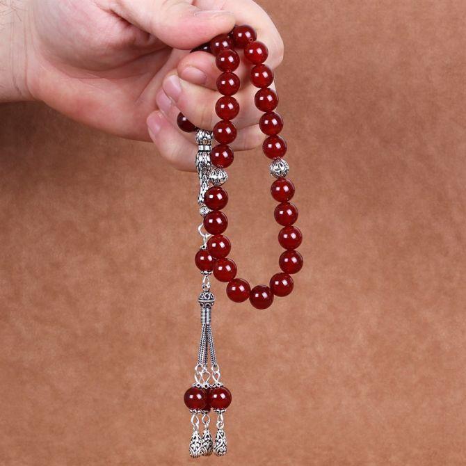 Büyük Boy Gümüş Tasarım Akik Taşı Tesbih - Tesbihcibaba