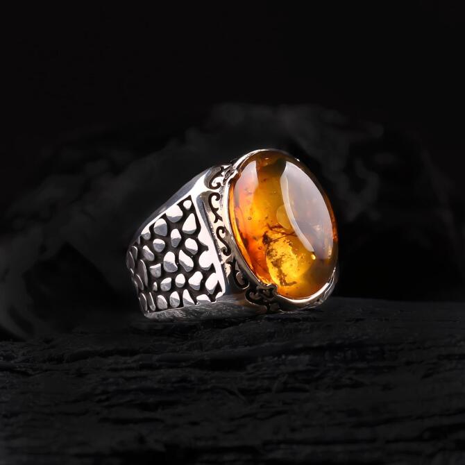 Çakıl Sinek Fossil Amber Silver Ring