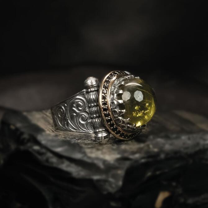 Cam Gözü Karayip Damla Kehribar Gümüş Yüzük - Tesbihcibaba