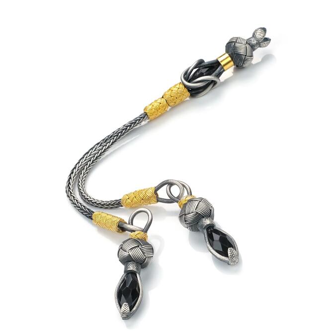 Çift Kamçı Siyah Zirkon Taşlı El Örmesi Kazaz Tesbih Püskülü - Tesbihcibaba