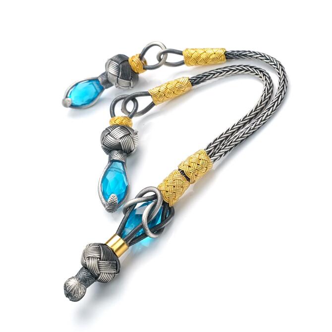 Çift Kamçı Turkuaz El Örmesi Kazaz Tesbih Püskülü - Tesbihcibaba