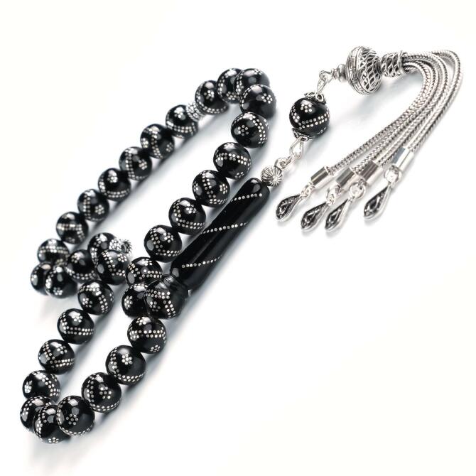 Çift Zigzag Gümüş Çakımlı Erzurum Oltu Taşı Tesbih - Tesbihcibaba