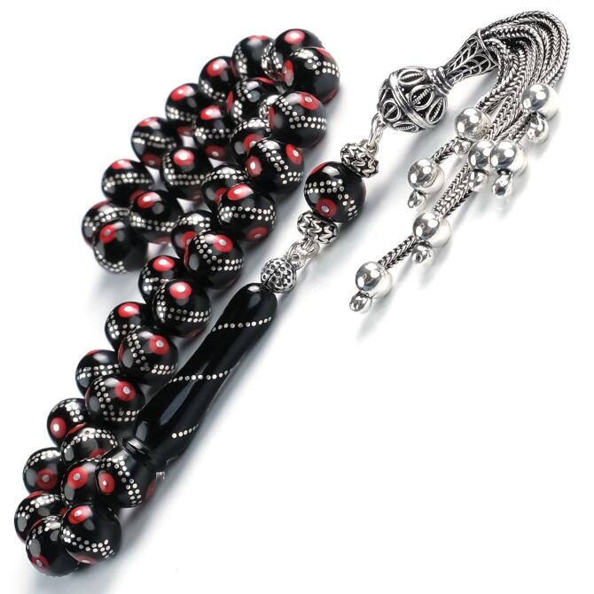 Çift Zigzag Gümüş Çakımlı Basık Kesim Erzurum Oltu Taşı Tesbih - Tesbihcibaba