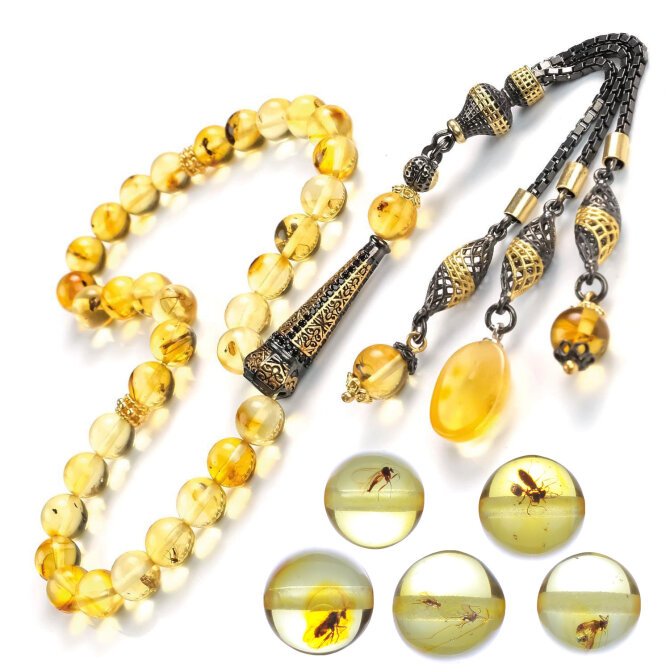 Cihanda Tek - Sinek Fosilli Damla Kehribar Tesbih - Tesbihcibaba