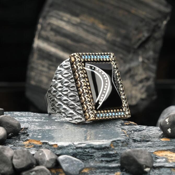 Hatemkar Usta-Oltu Taşı Beyazit Sancağı Gümüş Yüzük - Tesbihcibaba