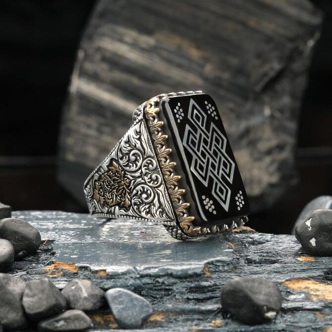 Hatemkar Usta-Oltu Taşı Kalem İşleme Gümüş Yüzük - Tesbihcibaba