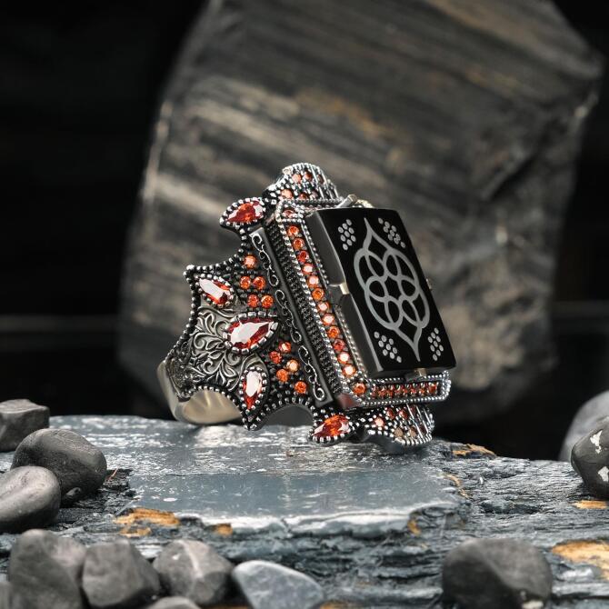 Hatemkar Usta-Oltu Taşı Zirkon Melik Mührü Gümüş Yüzük - Tesbihcibaba