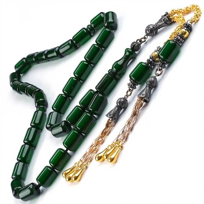 Deep Green Sıkma Kehribar Tesbih - Tesbihcibaba