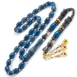 Derin Mavi Hareli Sıkma Kehribar Tesbih - 1