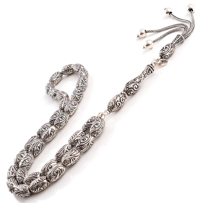 Kalemkar İşleme Özel Tasarım Gümüş Tesbih - Tesbihcibaba