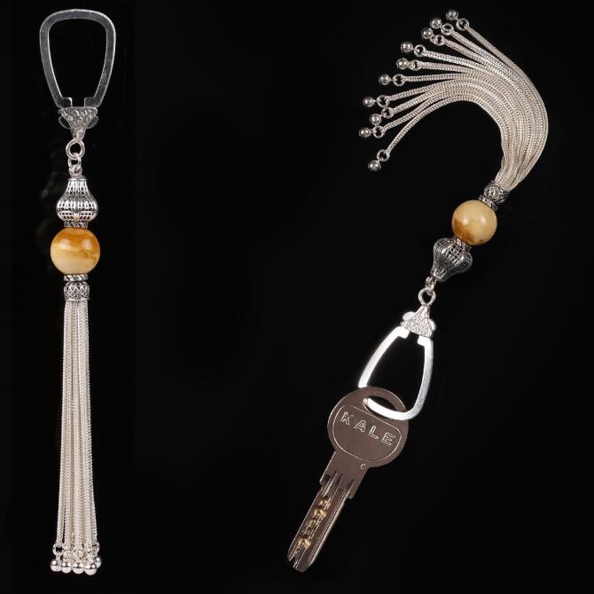 Doğal Damla Kehribar Taşlı Gümüş Anahtarlık - Tesbihcibaba