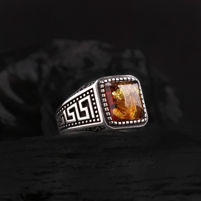 Natural Fossil Bürokrat Drop Amber Silver Ring