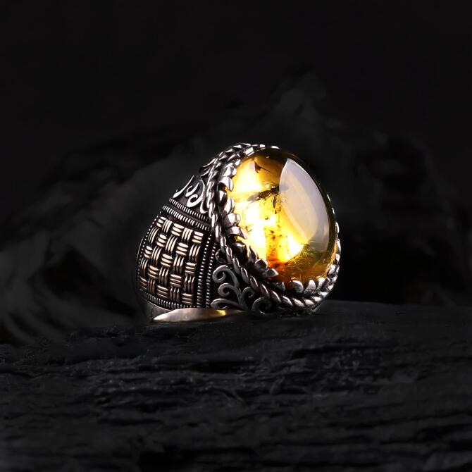 Natural Yapısıyla Sinek Fossil Amber Silver Ring