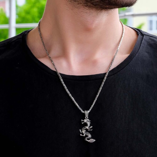 Dragon Model Gümüş Kral Zincir Kolye - Tesbihcibaba