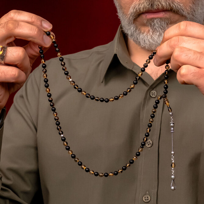 Dua Taneleri Füme Renk Sıkma Kehribar Namaz Tesbihi - Tesbihcibaba