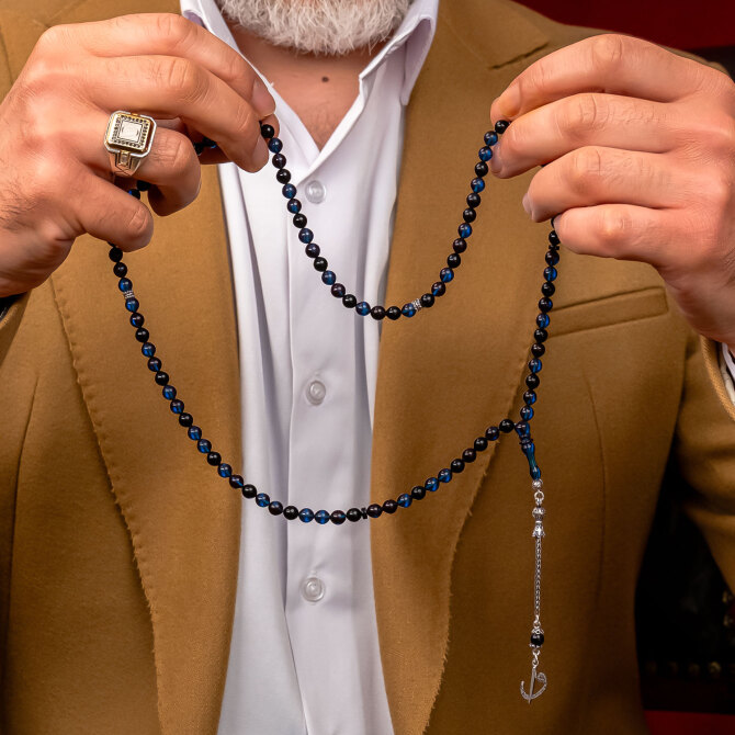 Dua Taneleri Gece Mavisi Sıkma Kehribar Namaz Tesbihi - Tesbihcibaba