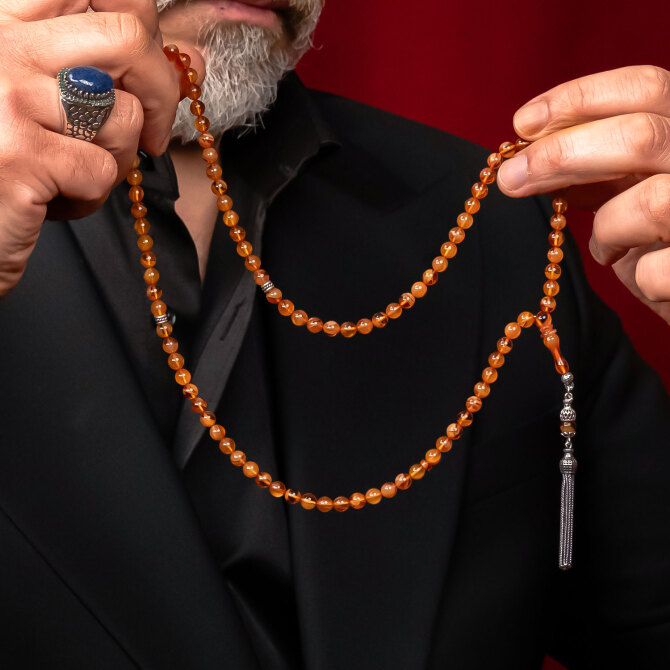 Dua Taneleri Hareli Yapsıyla Sıkma Kehribar Namaz Tesbihi - Tesbihcibaba