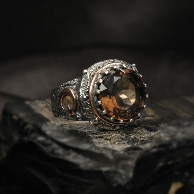 Dumanlı Kuvars Ay Yıldız Sertifikalı Gümüş Yüzük - Tesbihcibaba