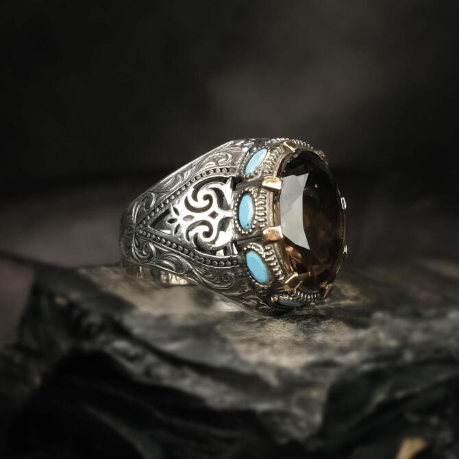 Dumanlı Kuvars Mavi Mineli Sertifikalı Gümüş Yüzük - Tesbihcibaba