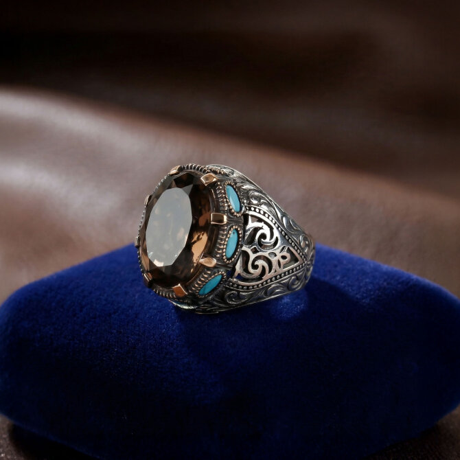 Dumanlı Kuvars Mavi Mineli Sertifikalı Gümüş Yüzük - Tesbihcibaba