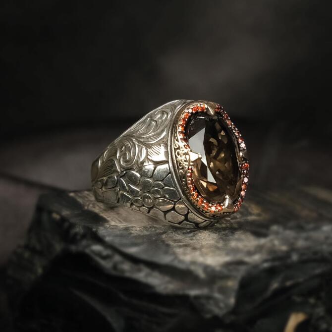 Dumanlı Kuvars Zirkon Detay Sertifikalı Gümüş Yüzük - Tesbihcibaba