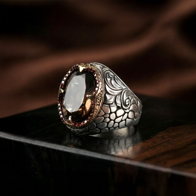 Dumanlı Kuvars Zirkon Detay Sertifikalı Gümüş Yüzük - Tesbihcibaba