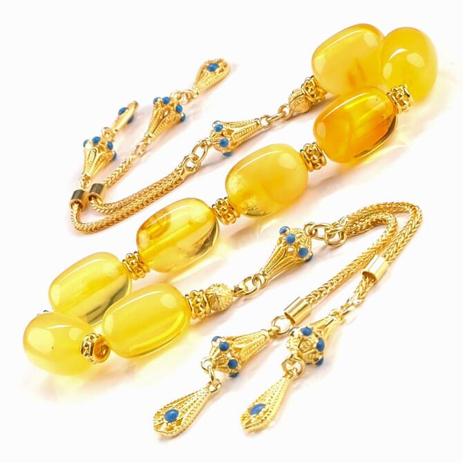 Ehli Pir Gold Tasarım Damla Kehribar Zaza Tesbih - Tesbihcibaba