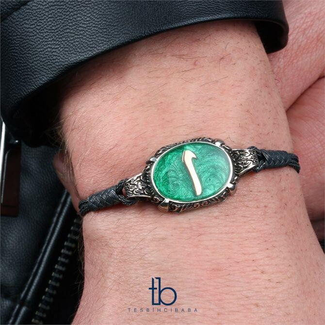 Alif Design Green Enamel Silver Woven Men's Bracelet