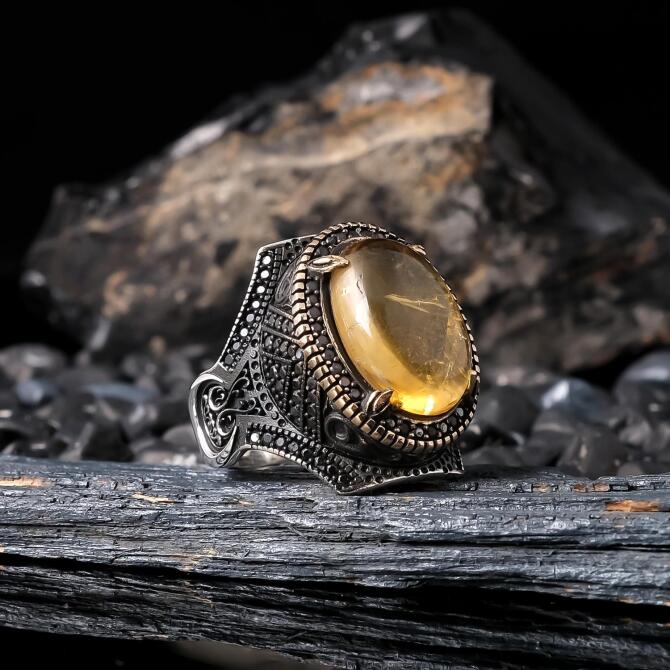 Oxidized Case Orjinal Sitrin Stone Silver Ring