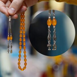 Eskitme Osmanlı Tasarım Harf Püsküllü Ateş Kehribarı Tesbih - 2