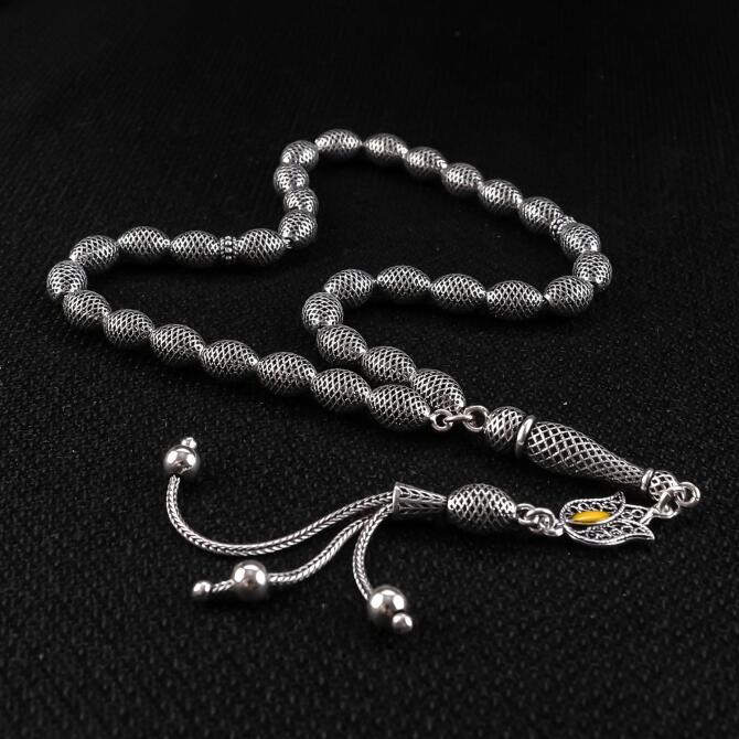 Eskitme Rengi Lale Tasarım 925 Ayar Gümüş Tesbih - Tesbihcibaba