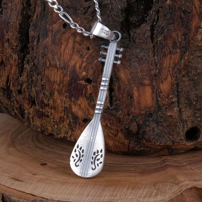 Eskitme Tasarım Bağlama Model Gümüş Kolye - Tesbihcibaba