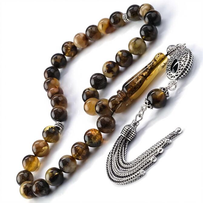 Eşsiz Fosilli Misket Kaya Damla Kehribar Tesbih - Tesbihcibaba