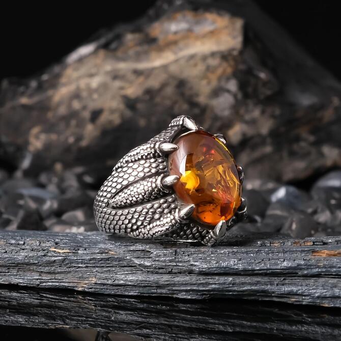 Eşşiz Design Bal Drop Amber 925 K Silver Ring