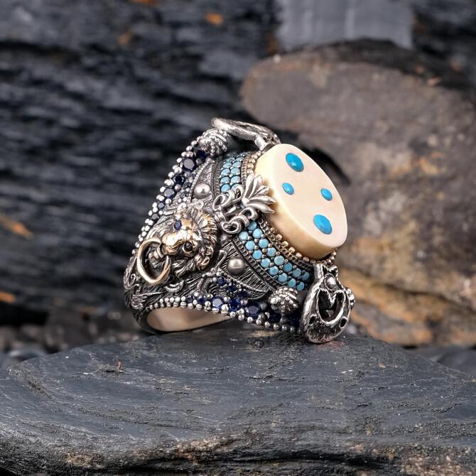 Firuze İşleme Fildişi Taşlı Sancak Yüzük - Tesbihcibaba