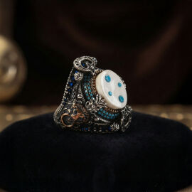 Firuze İşleme Fildişi Taşlı Sancak Yüzük - 2