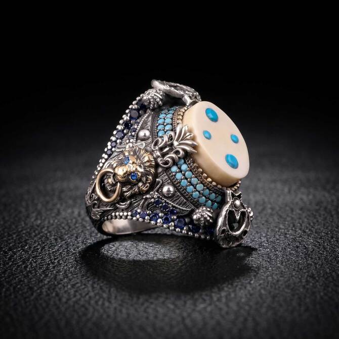 Fildişi Taşlı Firuze Detay 925 Ayar Gümüş Yüzük - Tesbihcibaba