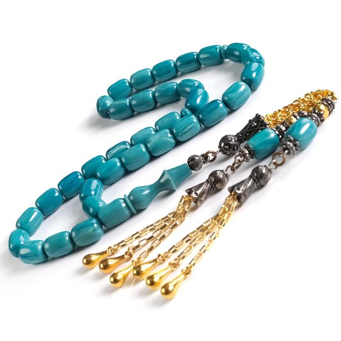 Firuze Renk Hareli Gold Eskitme Püskül Sıkma Kehribar Tesbih - Tesbihcibaba