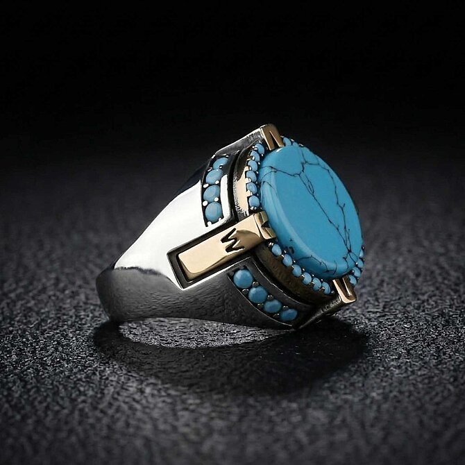 Turquoise Stone Design Pusula Silver Ring