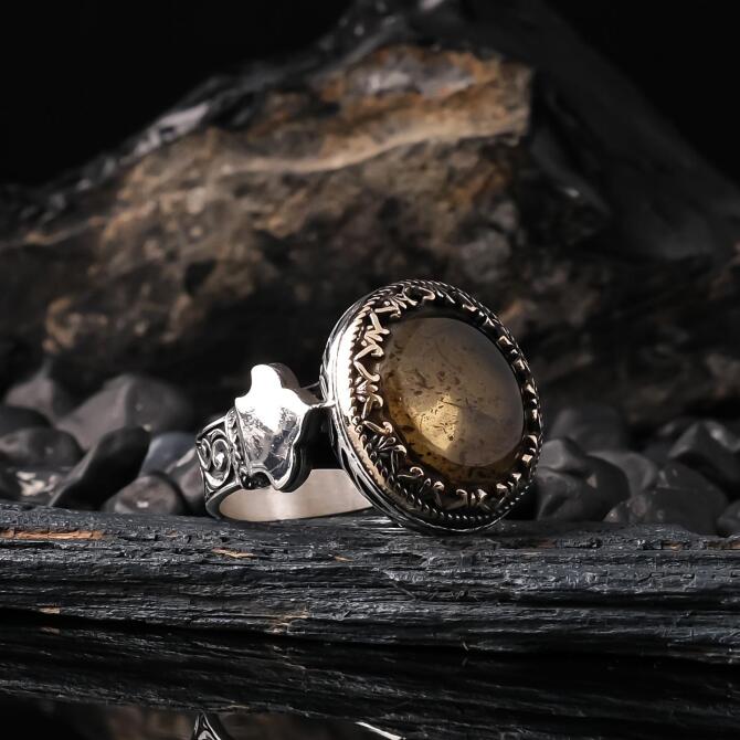 Fossil Drop Amber Silver Ring