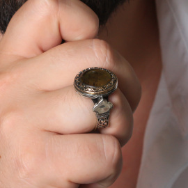 Fosil Damla Kehribar Gümüş Yüzük - 2