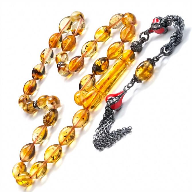 Fosil Yanığı Beyzi Kesim Has Damla Kehribar Tesbih - Tesbihcibaba