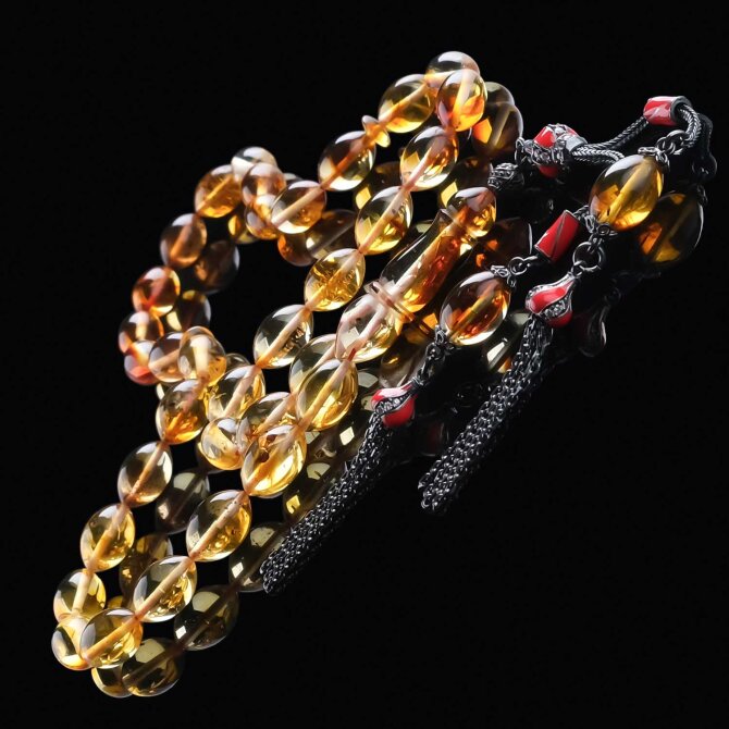 Fosil Yanığı Gün Kızılı Damla Kehribar Tesbih - Tesbihcibaba