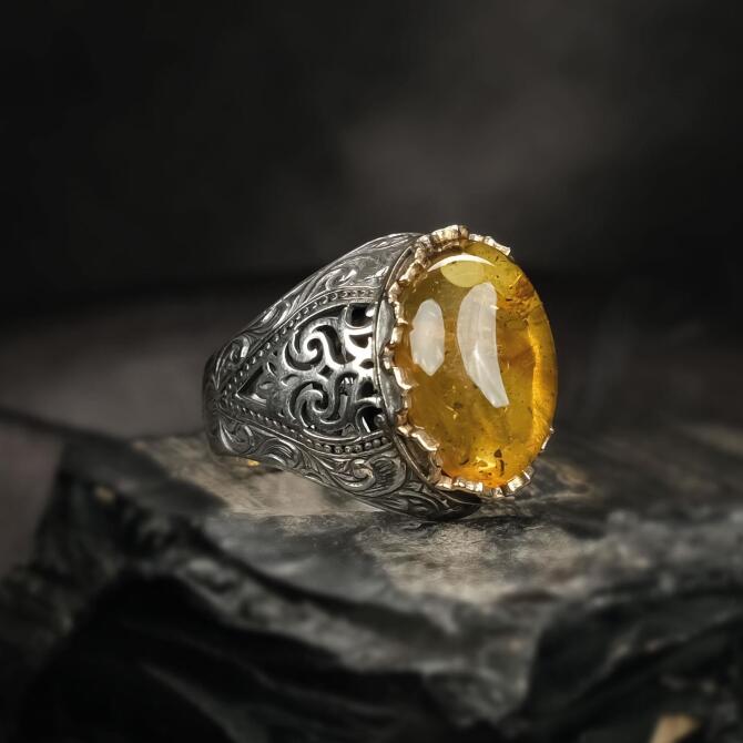 Fosilli Karayip Damla Kehribar Gümüş Yüzük - Tesbihcibaba