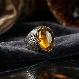 Fosilli Karayip Damla Kehribar Gümüş Yüzük - 1