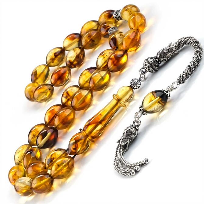 Fosilli Özel Kesim Damla Kehribar Tesbih - Tesbihcibaba