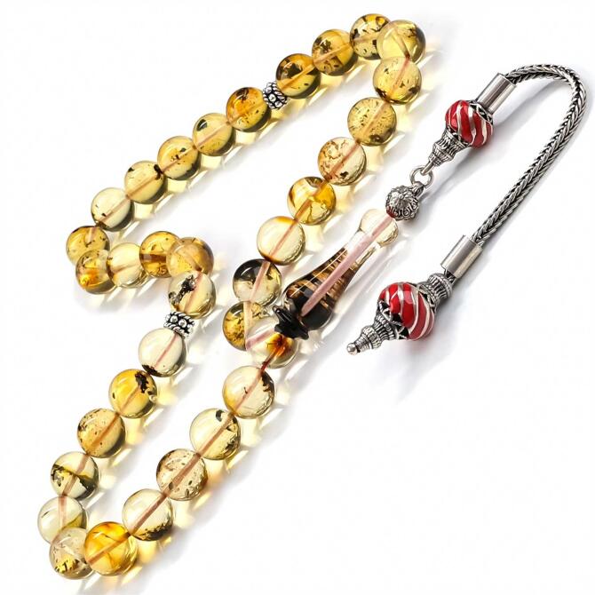 Fosilli Yapısıyla Özel Üretim Damla Kehribar Tesbih - Tesbihcibaba