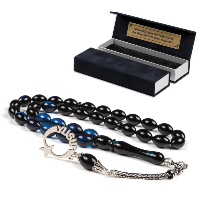 Gece Mavisi Ay Yıldız Ateş Kehribarı İsimli Tesbih - Tesbihcibaba